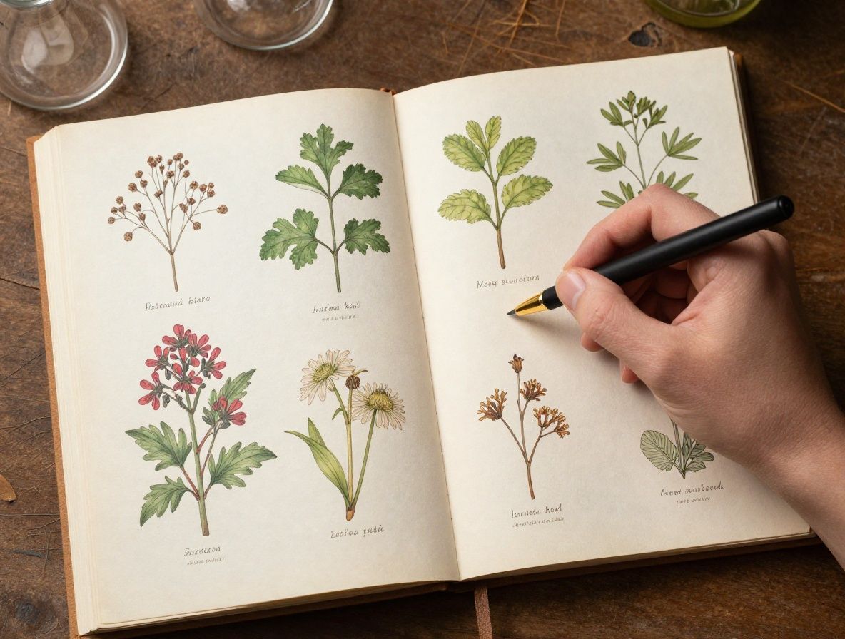 Botaniczne badania — otwarta stara książka naukowa z rysunkami roślin, obok świeże zioła i szkło laboratoryjne, ciepłe oświetlenie studiyjne