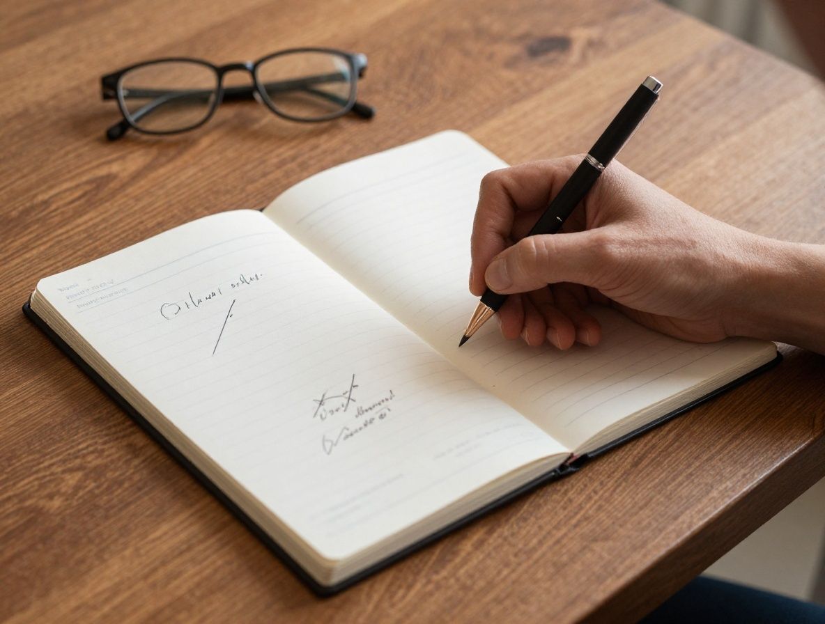 Otwarta notatnikowa strona z odręcznymi notatkami i zakreśleniami obok filiżanki kawy na drewnianym biurku, studyjna kompozycja w ciepłej tonacji