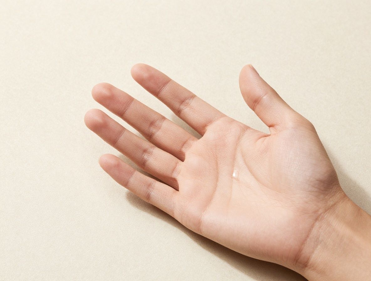 Zbliżenie na kremową teksturę kosmetyku nakładanego na palec, miękkie białe tło z subtelnym cieniem, studyjna fotografia produktu bez widocznego brandu