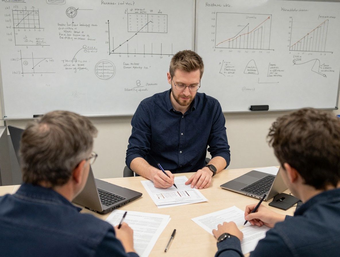 Naukowiec studiujący dane — ręce nad rozkładem dokumentów z wykresami, widok z góry na biurko badacza z notatkami i szkicami, atmosfera analitycznej pracy