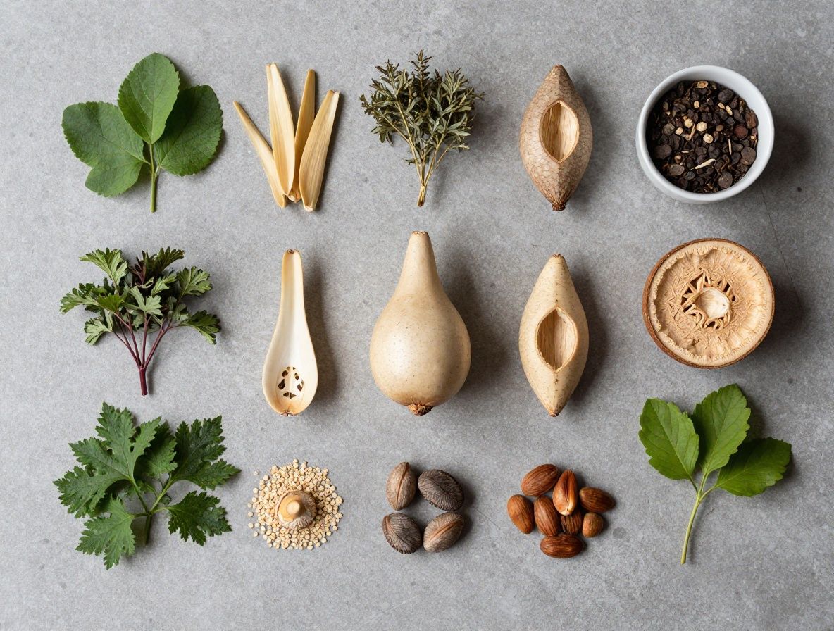 Starannie ułożone warzywa, orzechy, nasiona i zioła na ciemnym tle kamiennego blatu, artystyczne zdjęcie żywności przedstawiające różnorodność naturalnych składników