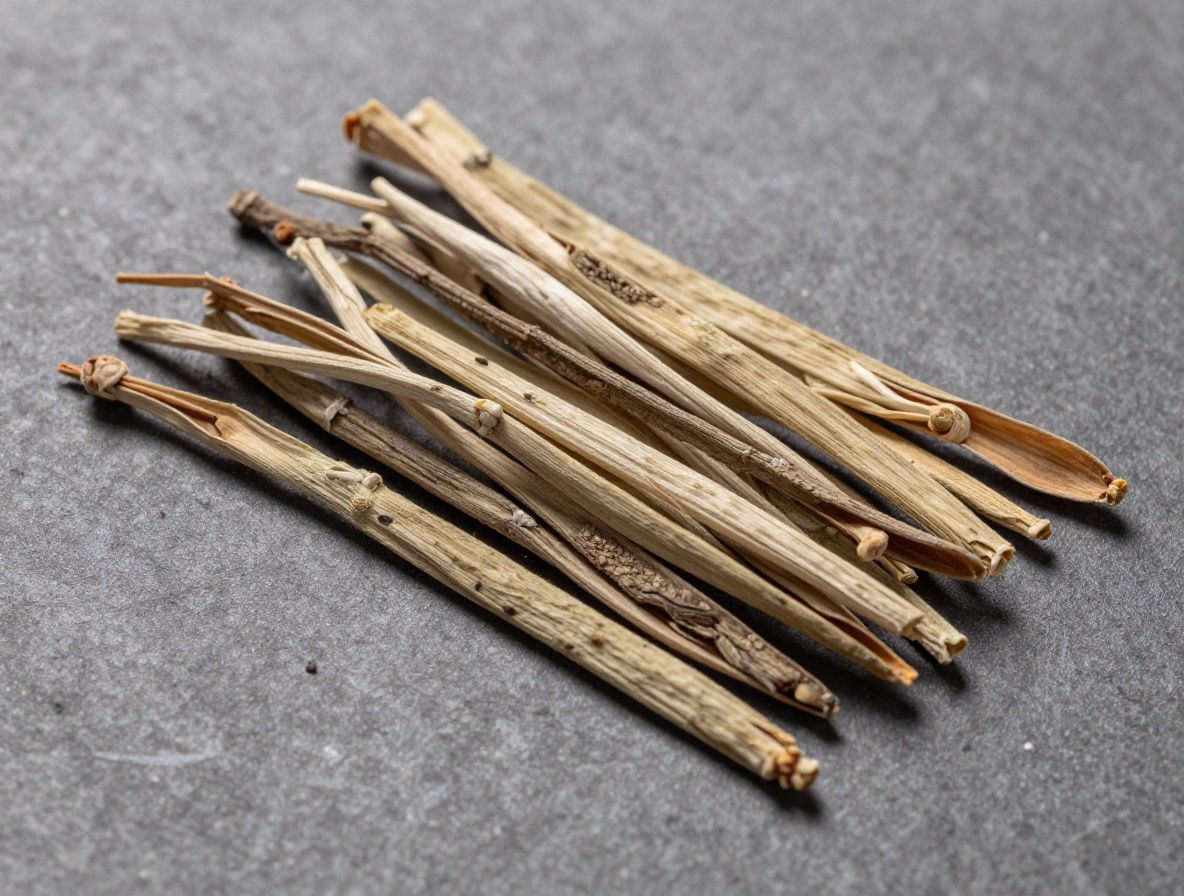 Makrozbliżenie na różnorodne suszone zioła, nasiona i naturalne składniki rozłożone na ciemnym kamiennym blacie, artystyczna kompozycja ze szczegółami tekstury