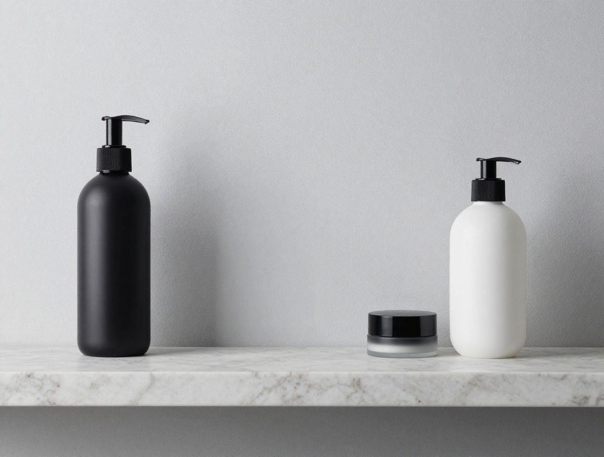 Ciemna, elegancka łazienka z marmurowym blatem — minimalistyczna aranżacja z szarymi akcesoriami, brak produktów, nastrój spokoju i porządku