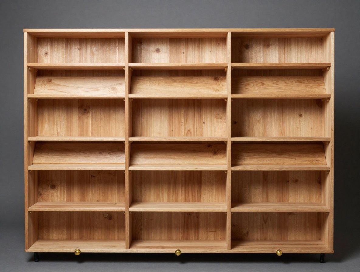 Klasyczne drewniane archiwum z szufladami bibliotecznymi na ciemnym tle, złota rączka jednej z szuflad, metafora przechowywania wiedzy i dostępu do informacji